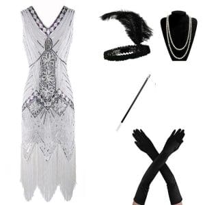 Charleston Robe Année 20 Blanc (Avec Accéssoires) - Louise Vintage