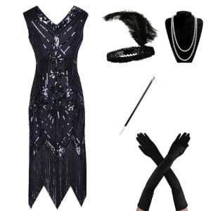 Charleston Robe Année 20 Noire (Avec Accéssoires) - Louise Vintage