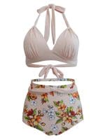 Maillot de bain Vintage taille haute Beige fleurs - Louise Vintage