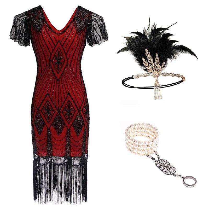 Robe Année 20 Prohibition Rouge et Noire (Avec Accéssoires) - Louise Vintage