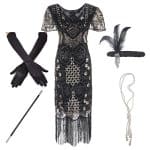 Robe Années 20 Charleston Noire Or (Avec Accéssoires) - Louise Vintage