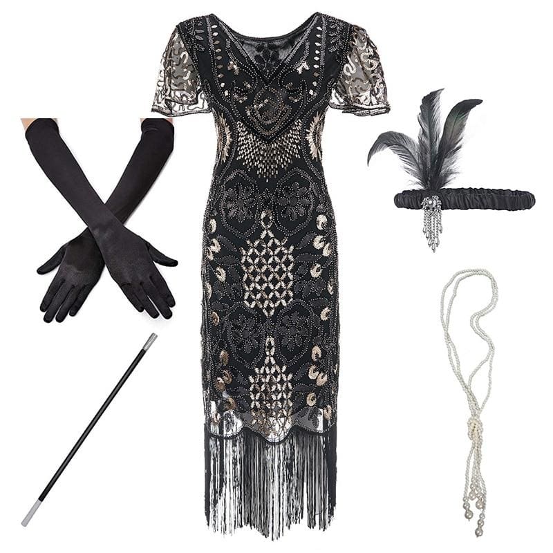 Robe Années 20 Charleston Noire Or (Avec Accéssoires) - Louise Vintage