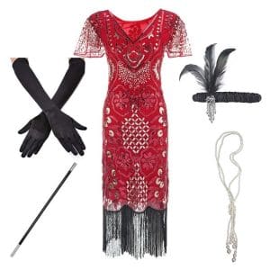 Robe Années 20 Charleston Rouge (Avec Accéssoires) - Louise Vintage
