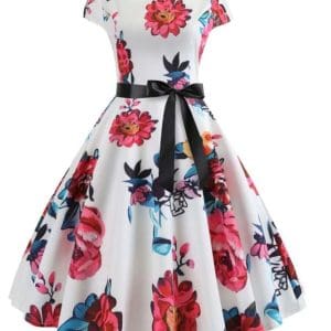 Robe Evasée Vintage Blanche et Rose - Louise Vintage