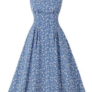 Robe Evasée Vintage Bleue Fleurs Blanches - Louise Vintage