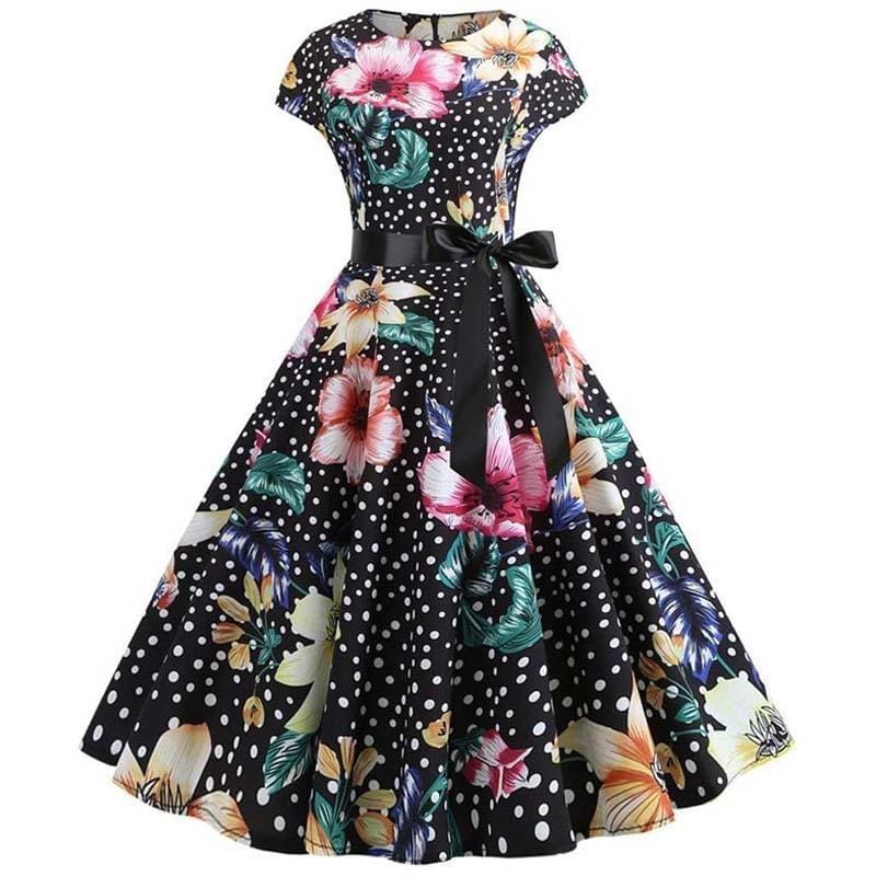 Robe Evasée Vintage Noire Pois Fleurie - Louise Vintage