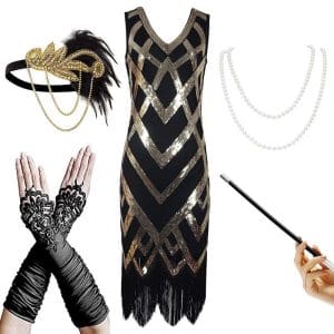 Robe Inspiration Année 20 Noir Dorée (Avec Accéssoires) - Louise Vintage