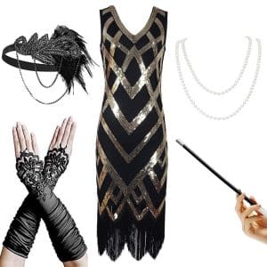 Robe Inspiration Année 20 Noire Or (Avec Accéssoires) - Louise Vintage