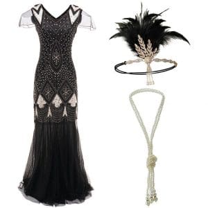 Robe Longue Style Année 20 Noir et Or (Avec Accéssoires) - Louise Vintage