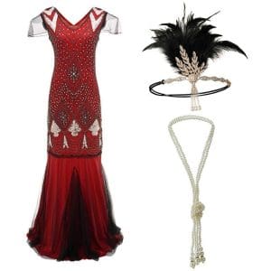 Robe Longue Style Année 20 Rouge (Avec Accéssoires) - Louise Vintage