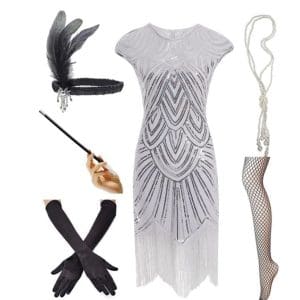 Robe Paillette Année 20 Argent (Avec Accéssoires) - Louise Vintage