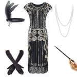 Robe Taille Basse Année 20 Noir Or (Avec Accéssoires) - Louise Vintage