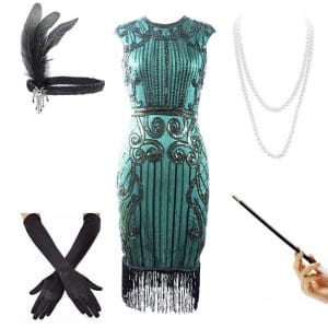 Robe Taille Basse Année 20 Vert (Avec Accéssoires) - Louise Vintage