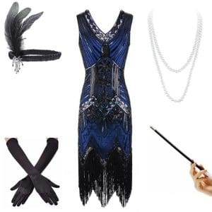 Robe Vintage Année 20 Noire et Bleu (Avec Accéssoires) - Louise Vintage