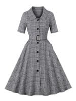 Robe Vintage Chic Carreaux Grise - Louise Vintage