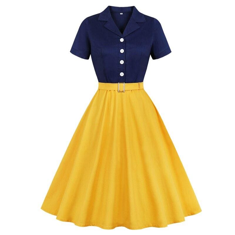 Robe Vintage Grande Taille Office Jaune Bleu - Louise Vintage